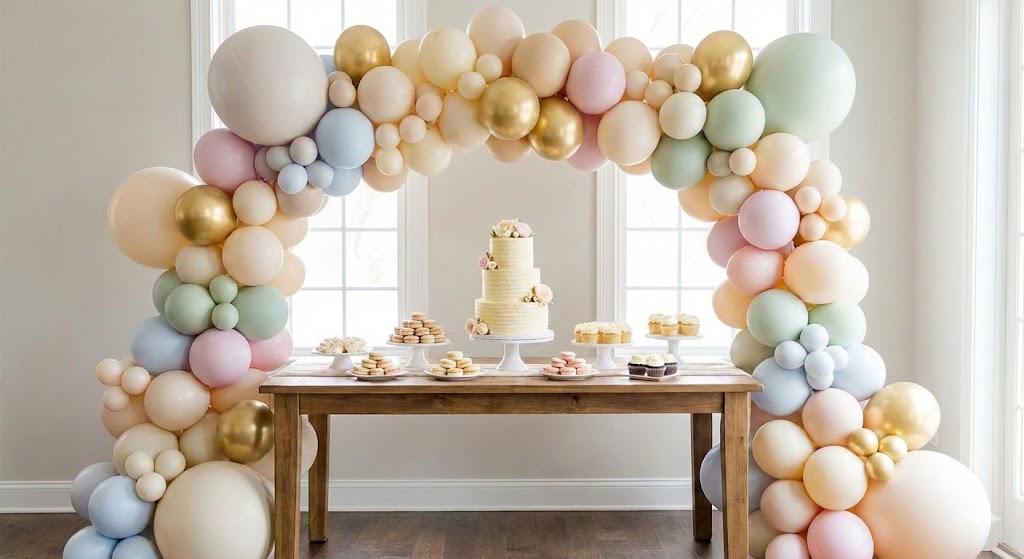 Balloon garland framing a cake table