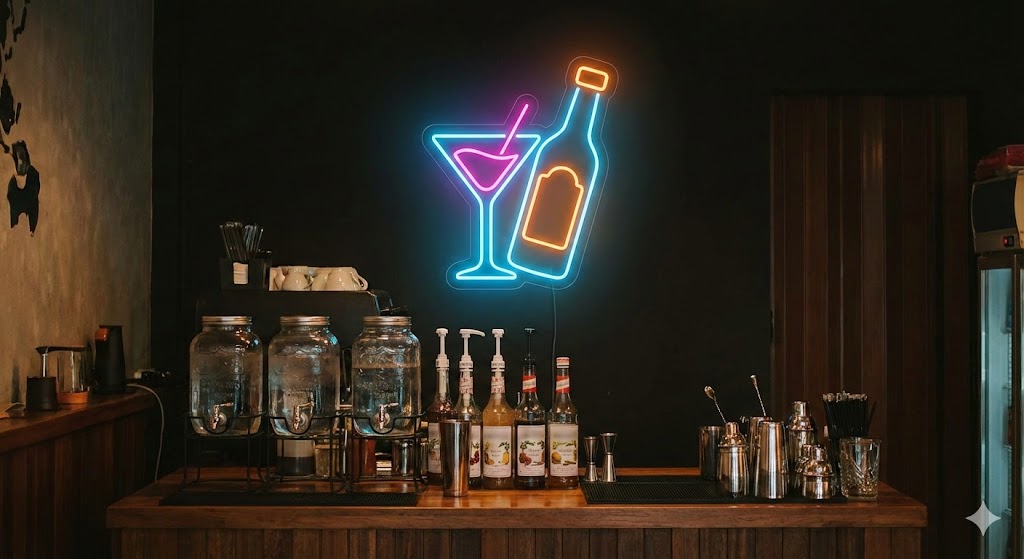 Neon sign styled above a drinks station